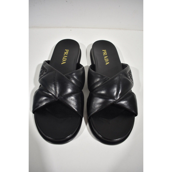 Prada Quilted Criss Cross Strap Black Leather Logo Slide Sandal Mule Flat 39.5 - Picture 11 of 12